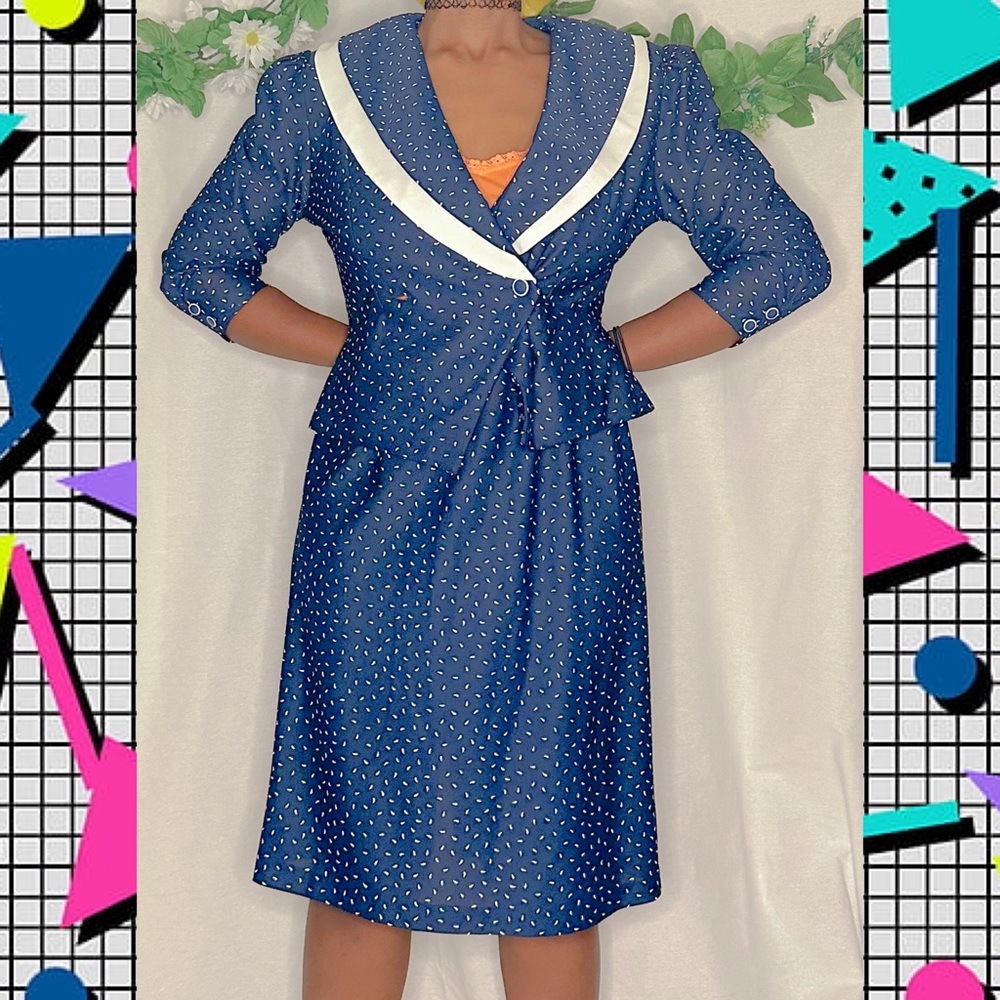 V.I. Petites Vintage 80s blue white two-piece top and skirt suit separates